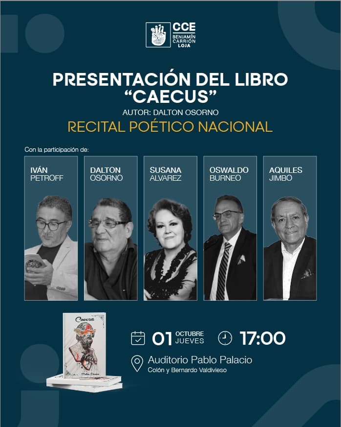 Afiche de Presentación del libro Caecus y recital poético en Loja