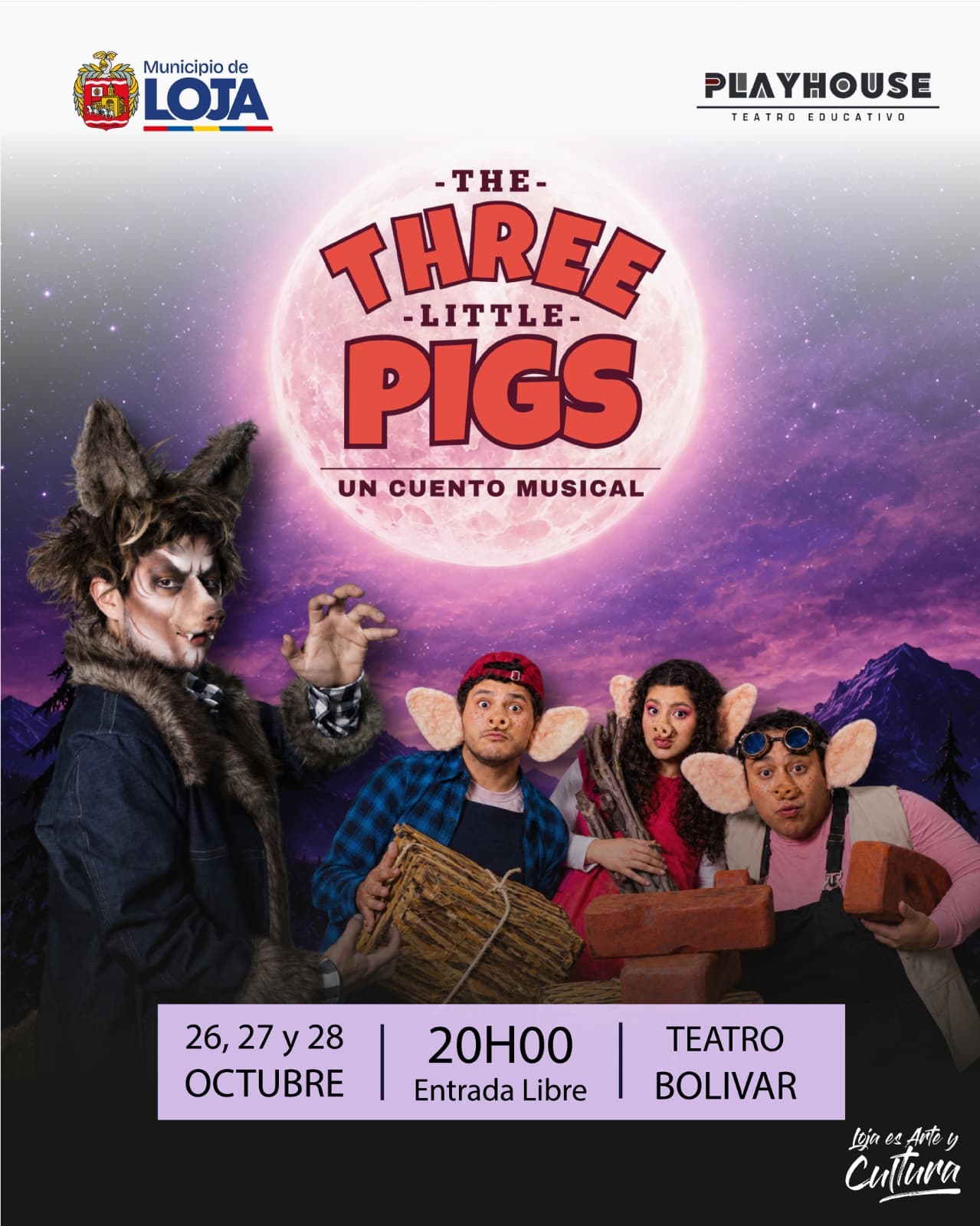 Afiche de The Three Little Pigs: cuento musical en el Teatro Bolívar